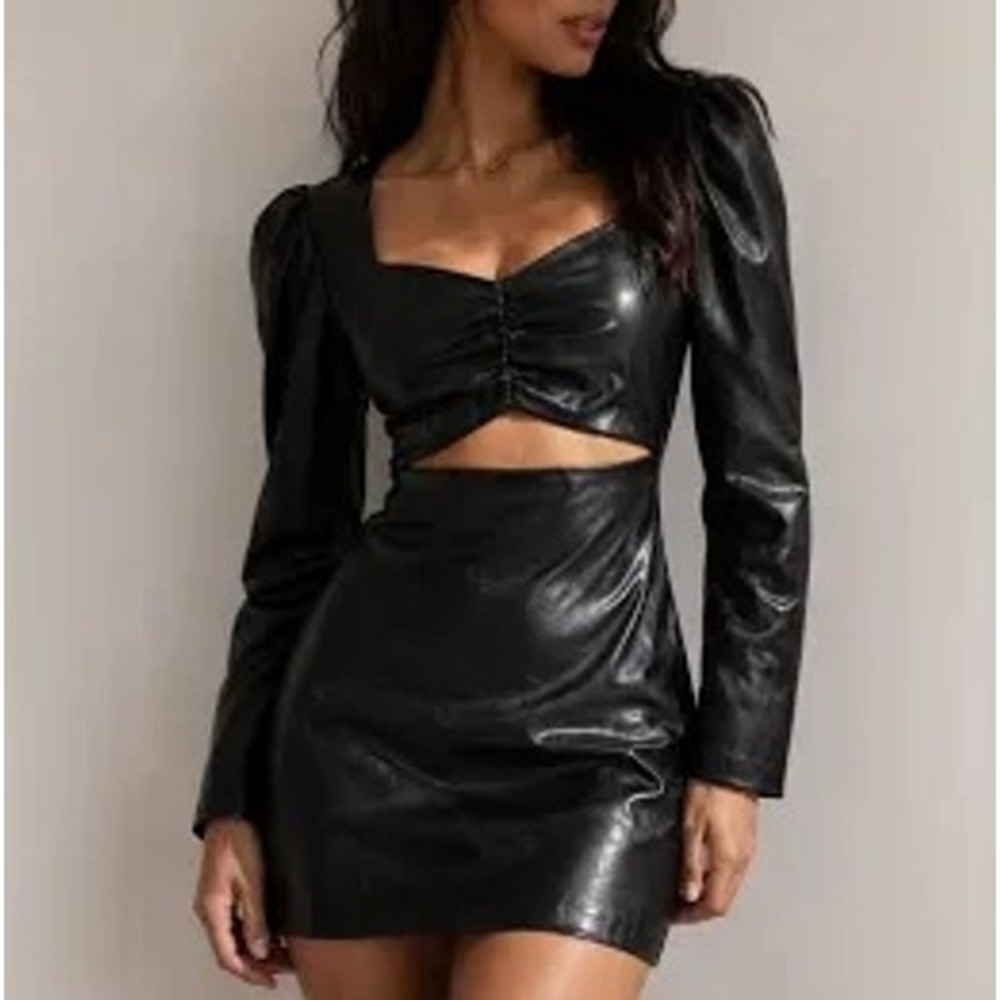Torn by Ronny Kobo Gemma Mini Dress M Black Vegan Leather Edgy Cutout Night Out